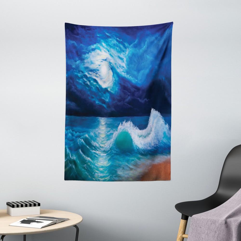 Ocean Tapestry Moonlight over Wavy Sea Print Wall Hanging Decor