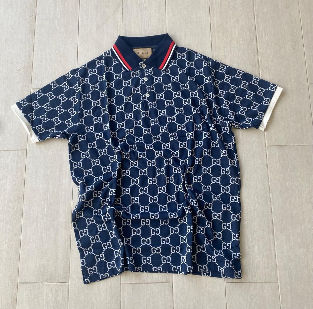 Gucci Blue Polo T-shirt Monogram Logo Jersey Pocket  Size M