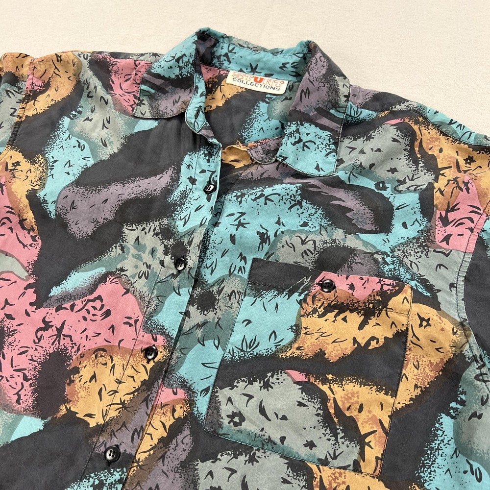 Vintage Stunt Collections Shirt Mens L Multi Abstract Silk Graphic Button Up 80s-image