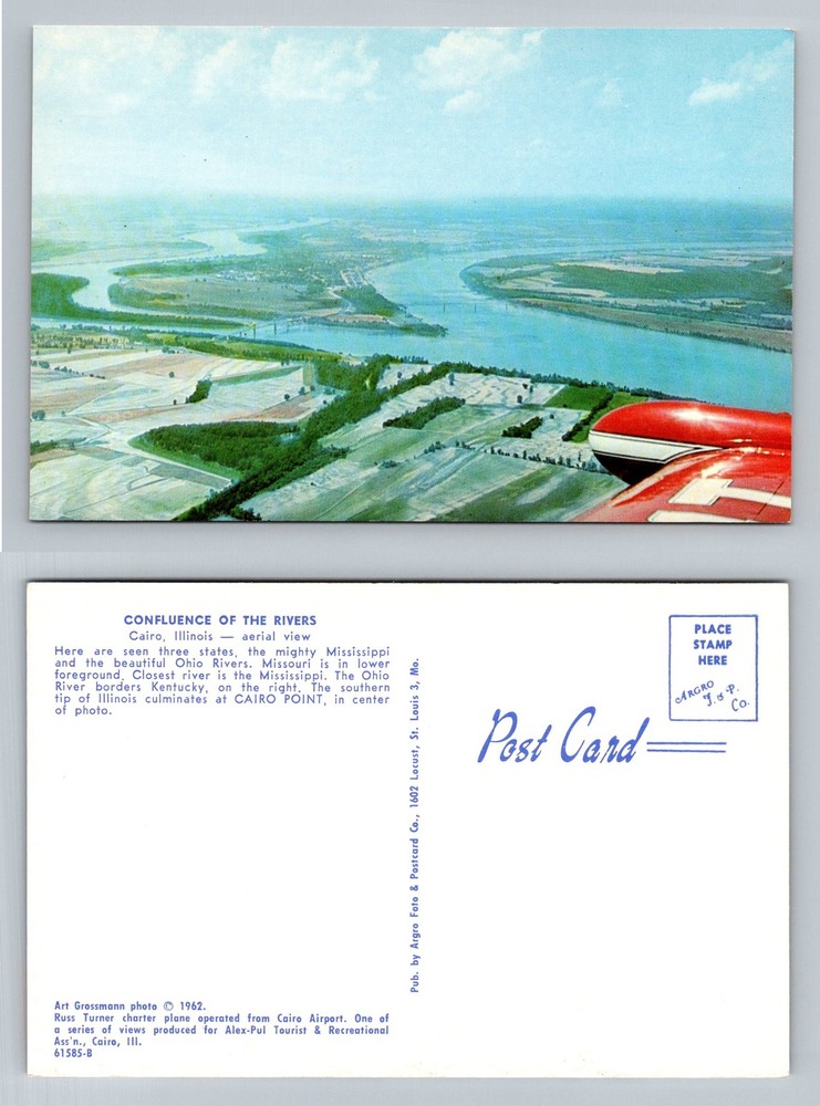 Cairo, IL-Illinois, Aerial Confluence Mississippi & Ohio Rivers Vintage Postcard