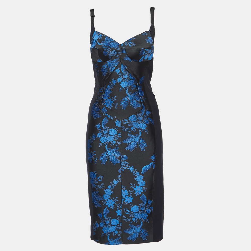 Stella McCartney Black Stretch Crepe Floral Jacquard Paneled Bustier Midi Dress