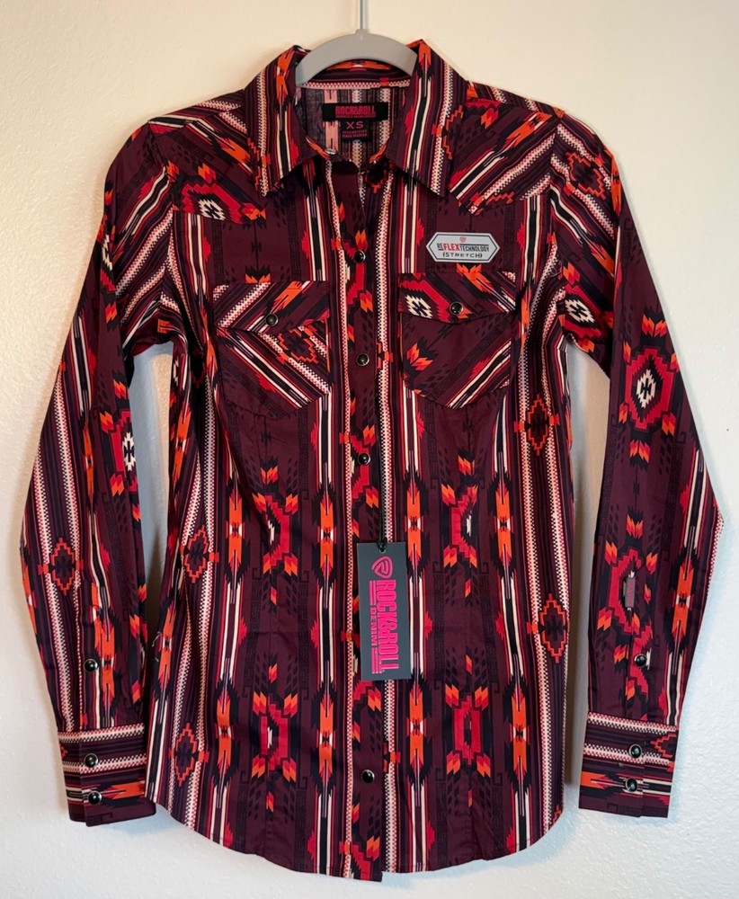 Rock & Roll Denim Men’s Or Women’s Aztec Print Long Sleeve Snap Western Shirt XS