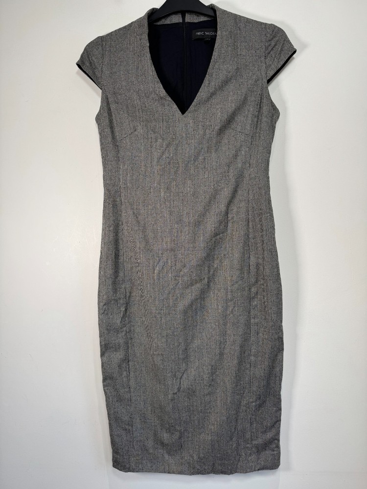 NEXT Dress Womens Size 12 Grey Wool Tweed Sleeveless Shift Midi Work Office