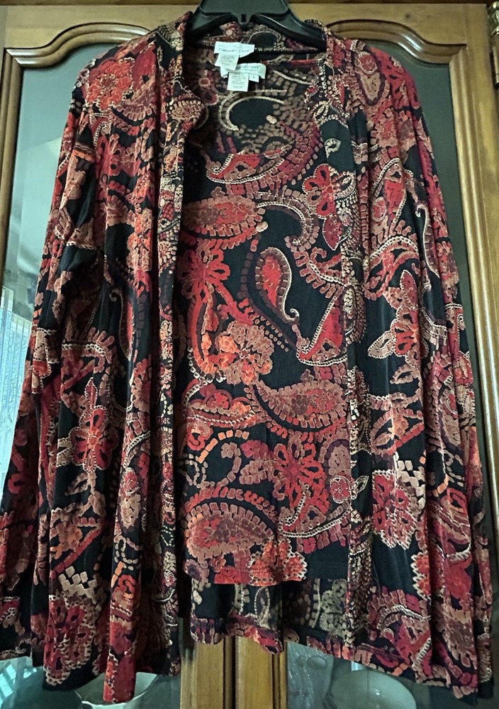 COLDWATER CREEK Slinky Floral Printed Tank & Cardigan Set Red/Black Size Large