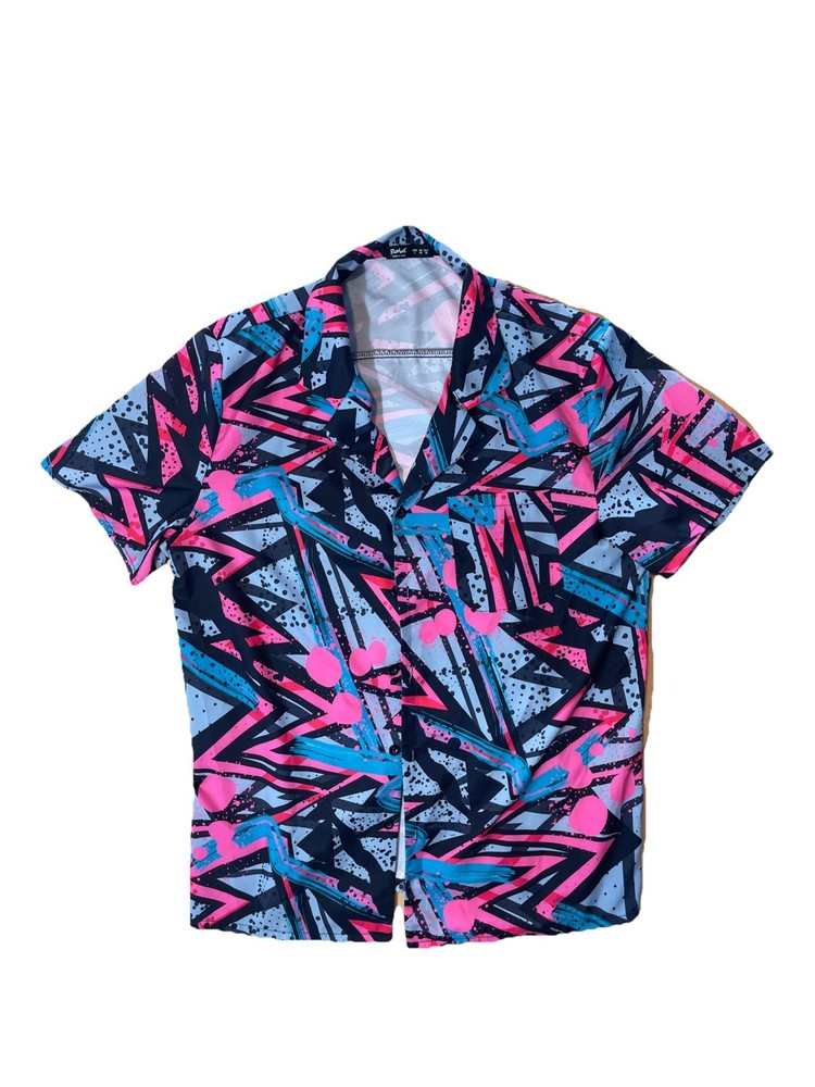 ROMWE Men’s M Neon Abstract Button Up Shirt Retro 80s Graphic Short Sleeve Lg-image