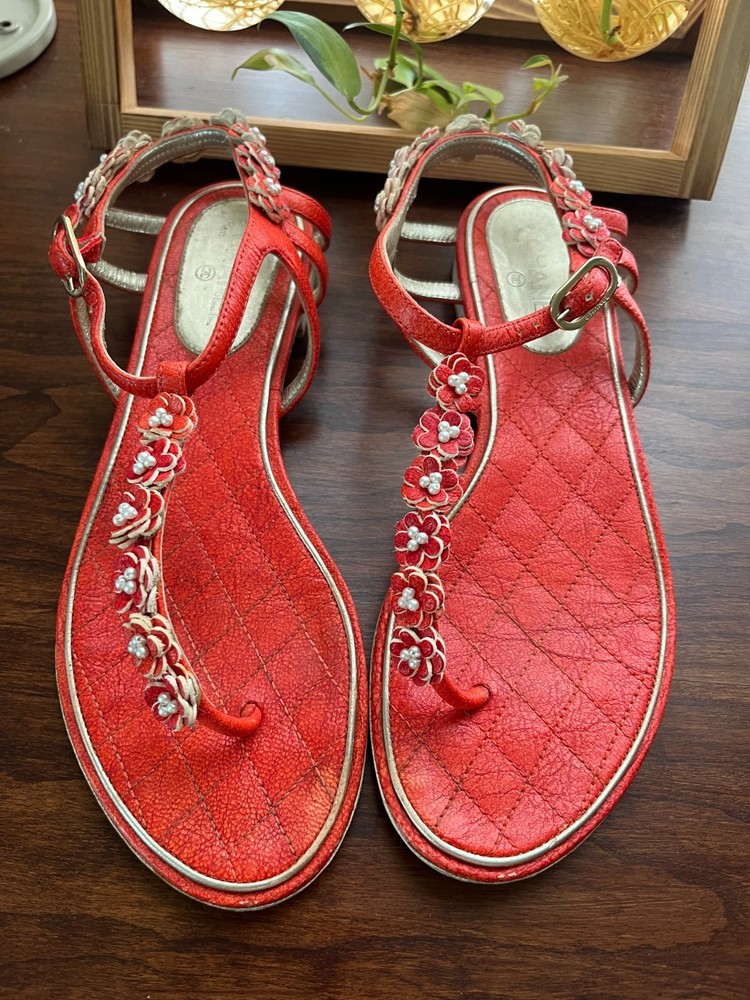 Chanel red sandal mini camellia flower size 36.5
