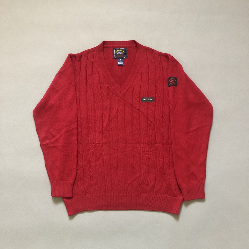 Paul & Shark Yachting Sweater Mens M Red Merino Wool Blend Cable Knit V Neck