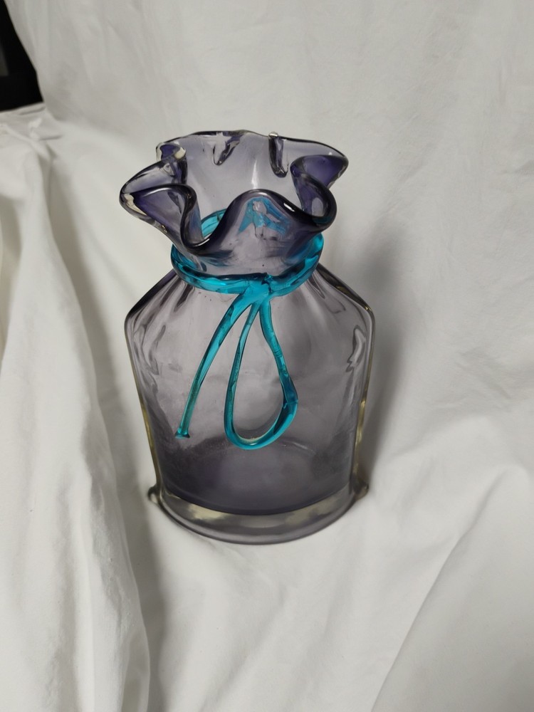 Vintage Blue Purple Hand Blown Art Glass Sack Bag Vase Applied Ribbon