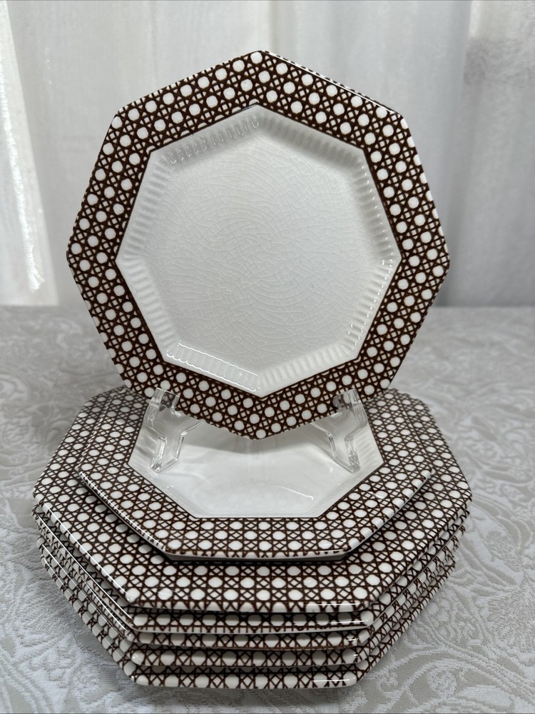 Vtg. Independence Ironstone Brown Cane Plates 5 Salad & 2 Bread