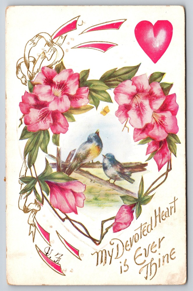 My Devoted Heart Is Thine~Birds In Pink Flower Heart~Gold~Emb~Vintage Postcard