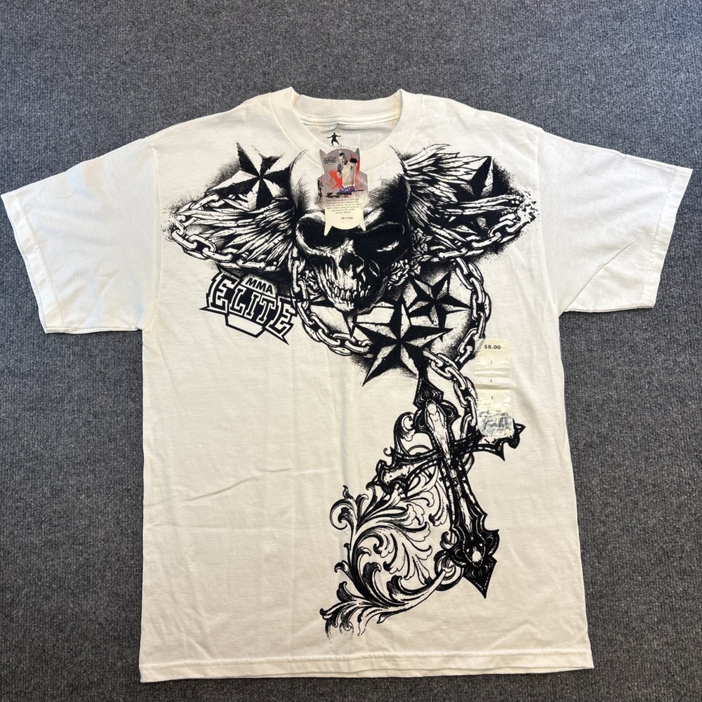 New MMA Iceman Skull Cross Print T-Shirt L Goth Y2K Affliction Style Grunge NWT