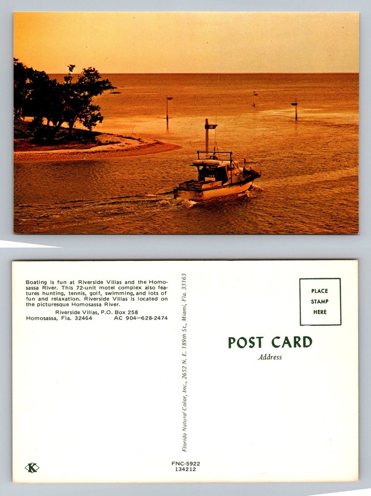 Homosassa, FL-Florida, Riverside Villas River Boating At Sunset Vintage Postcard