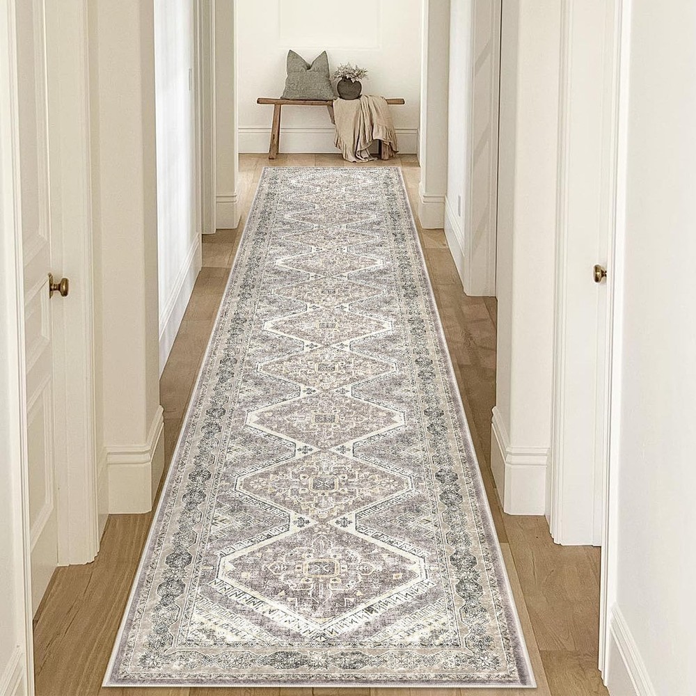 Ivory Grey Yellow Washable Non-Slip Runner Rug 2.6x16ft Extra Long Hallway Carpet