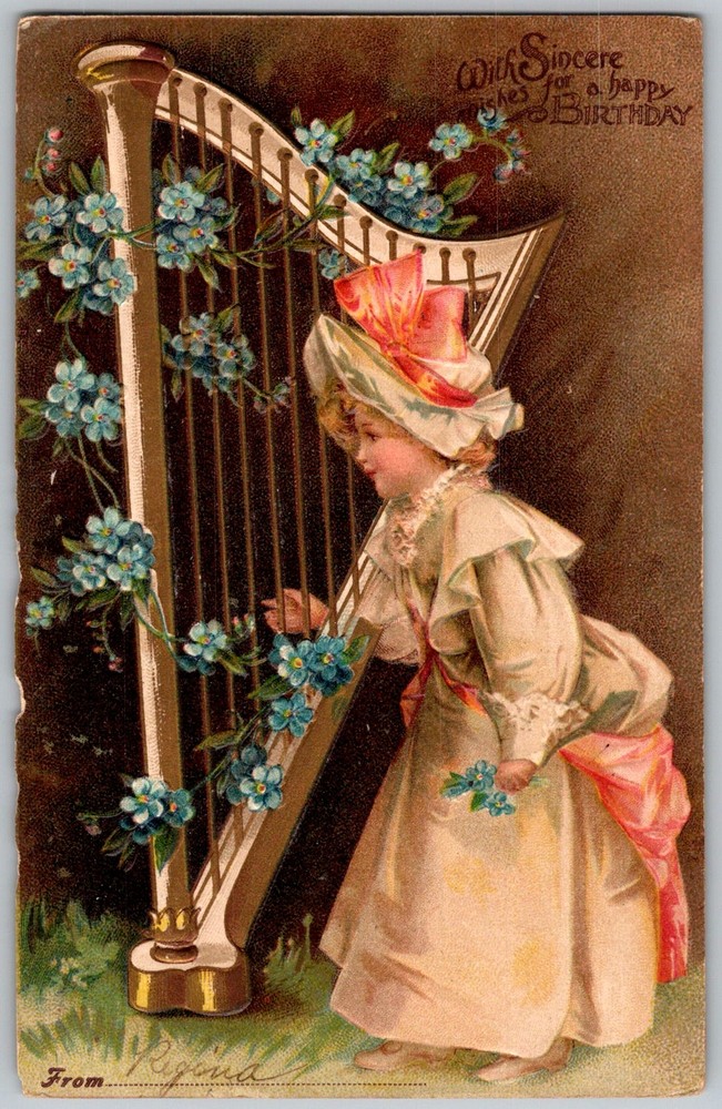 Antique Postcard Girl Harp Philadelphia, PA 1900s