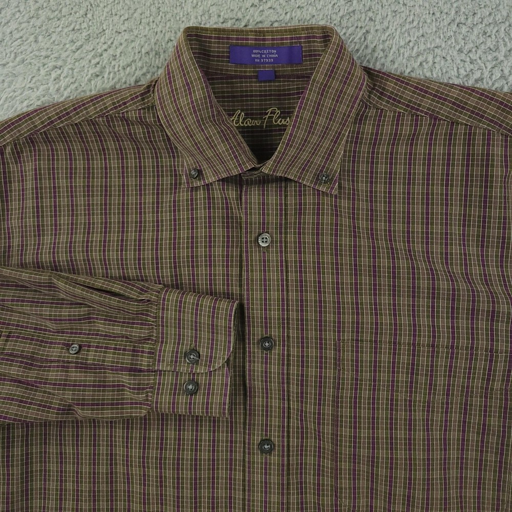 Alan Flusser Shirt Mens Medium Brown Purple Plaid Long Sleeve Button Down