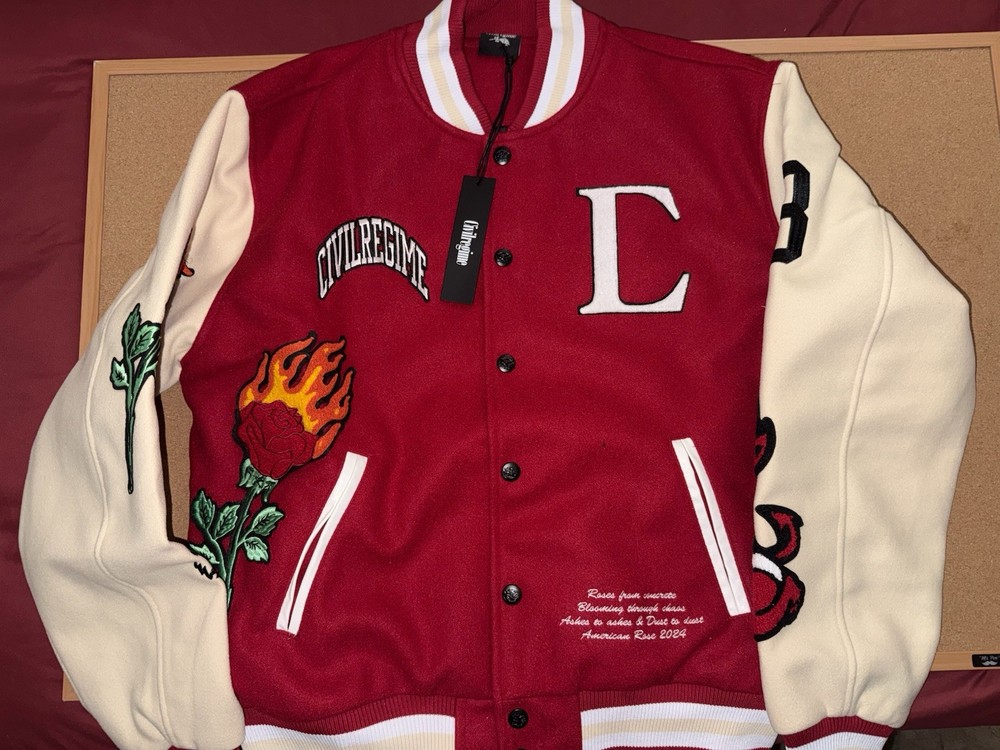 Men’s Size Large Red Civil Regime Flames V2 Varsity Jacket, NWT