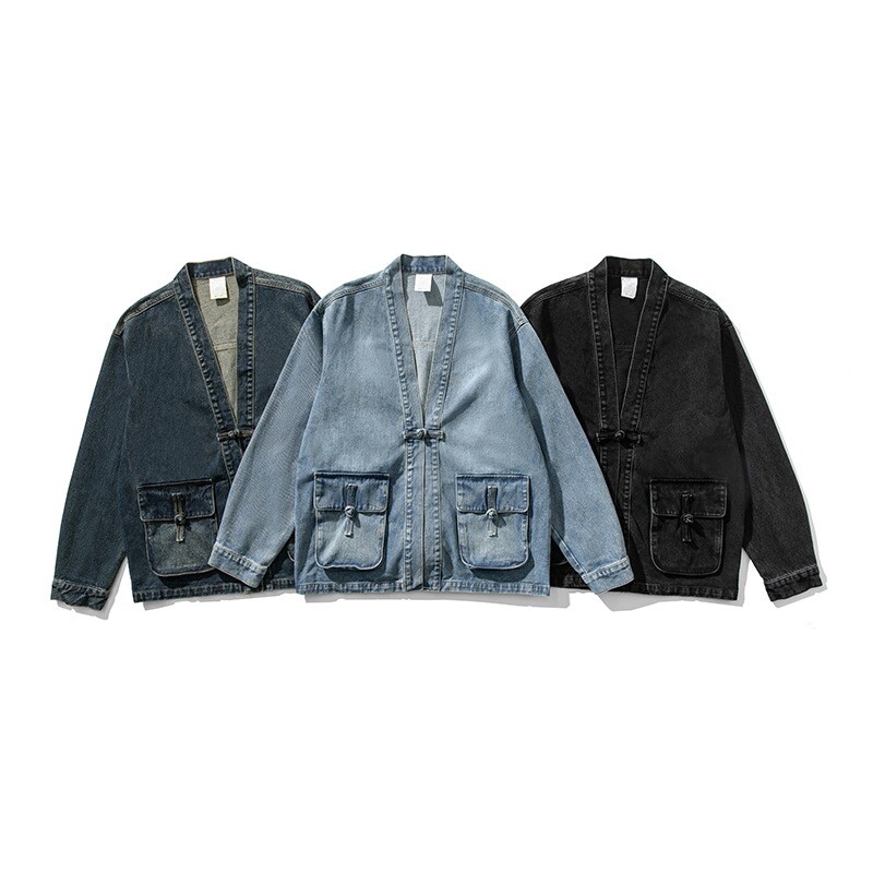 Men Retro Denim Button Loose Coat Chinese Style Tang Zhuang Jean Jackets Casual