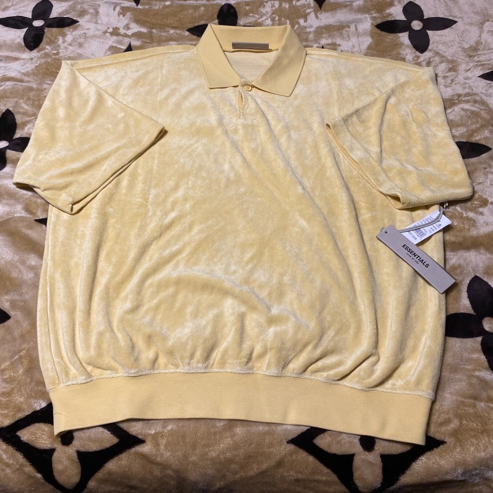 FEAR OF GOD ESSENTIALS LIGHT TUSCAN POLO SHIRT,SIZE MEDIUM ( VELOUR TYPE FABRIC)