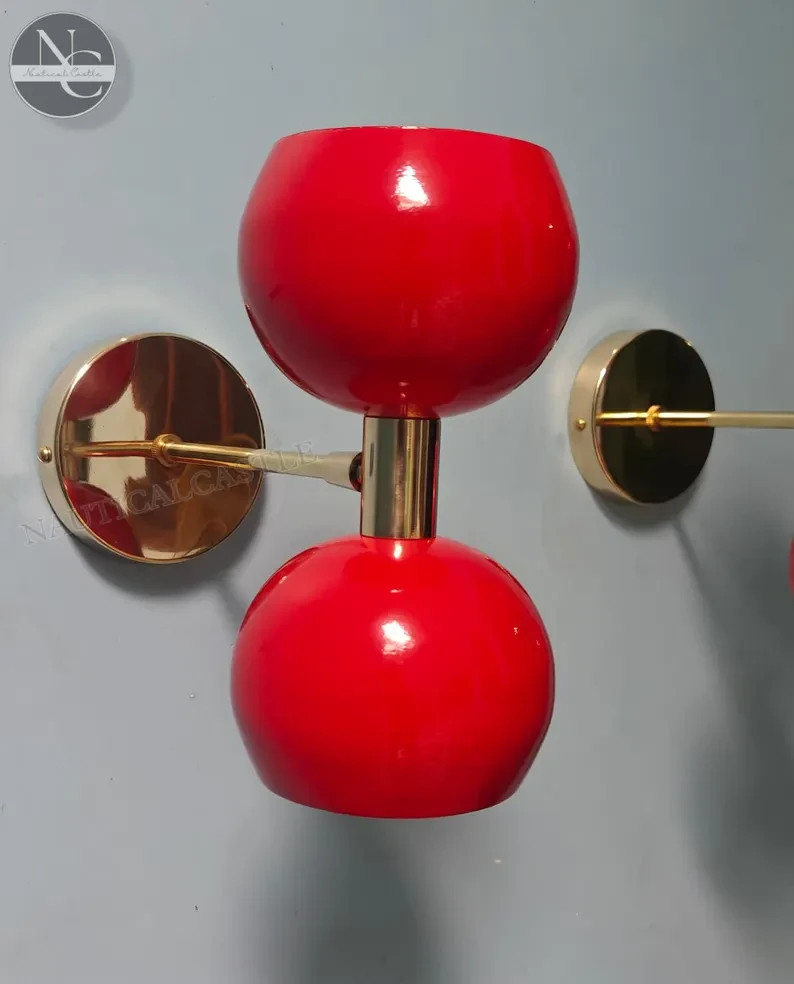 Double Dome Wall Sconce Mid-Century Modern Red & Brass Light