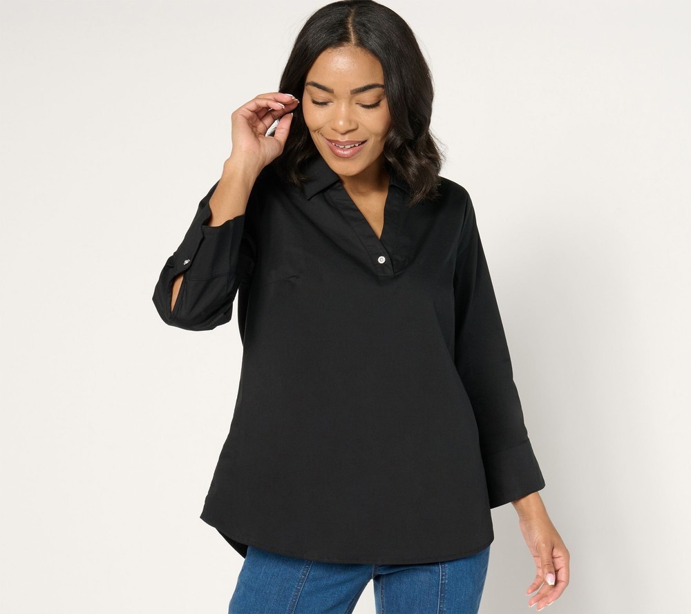 SUNNYLiFE Women's Top Sz L Denim & Co. Signature Poplin Tunic w Black A671828