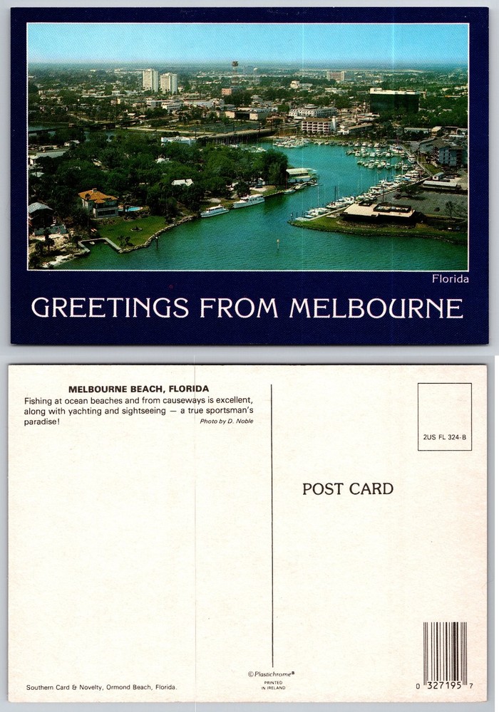 Vintage Greetings From Melbourne Florida Postcard Aerial Waterfront View Boats