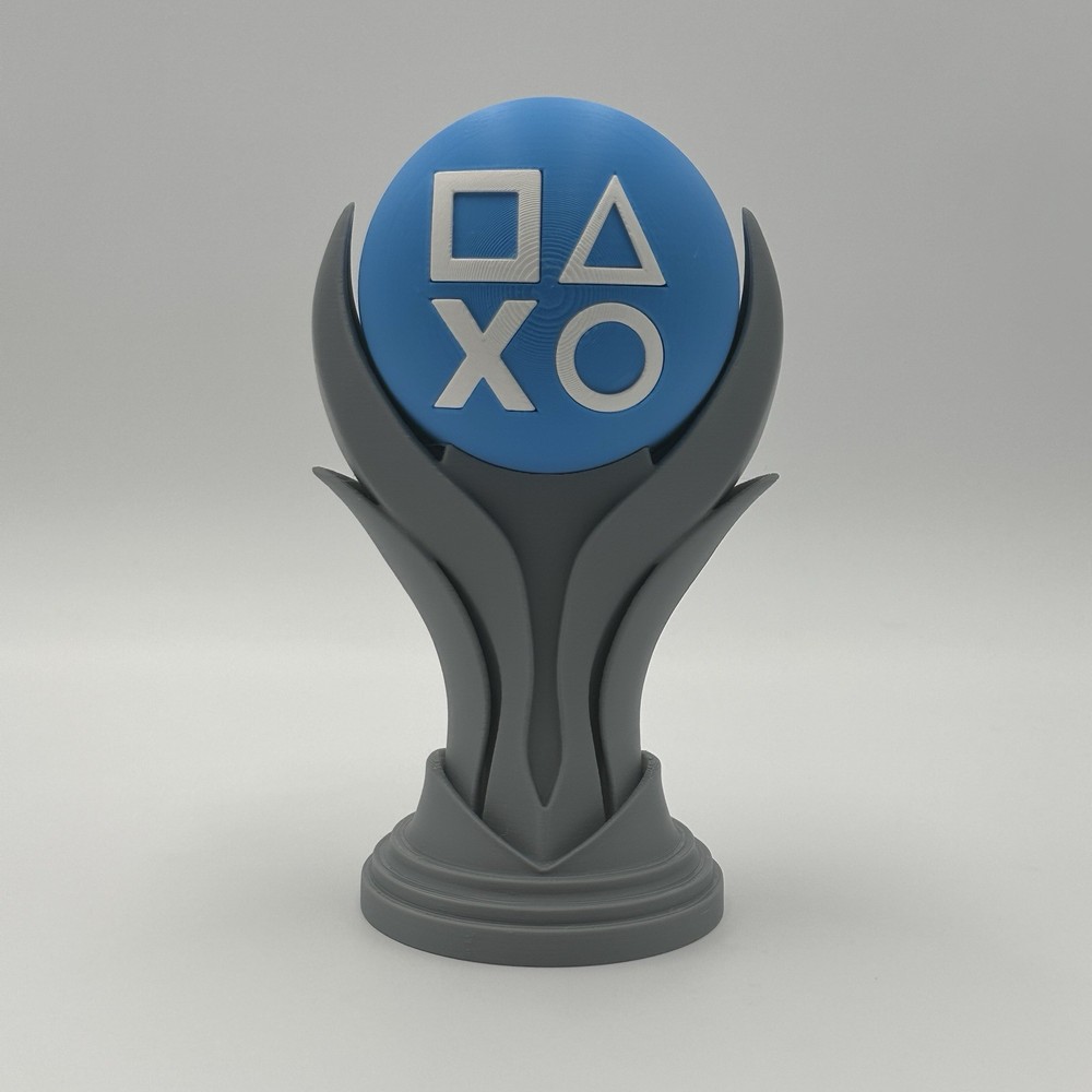 PlayStation Logo Trophy Statue 3D Printed PS Symbols Display Blue Silver