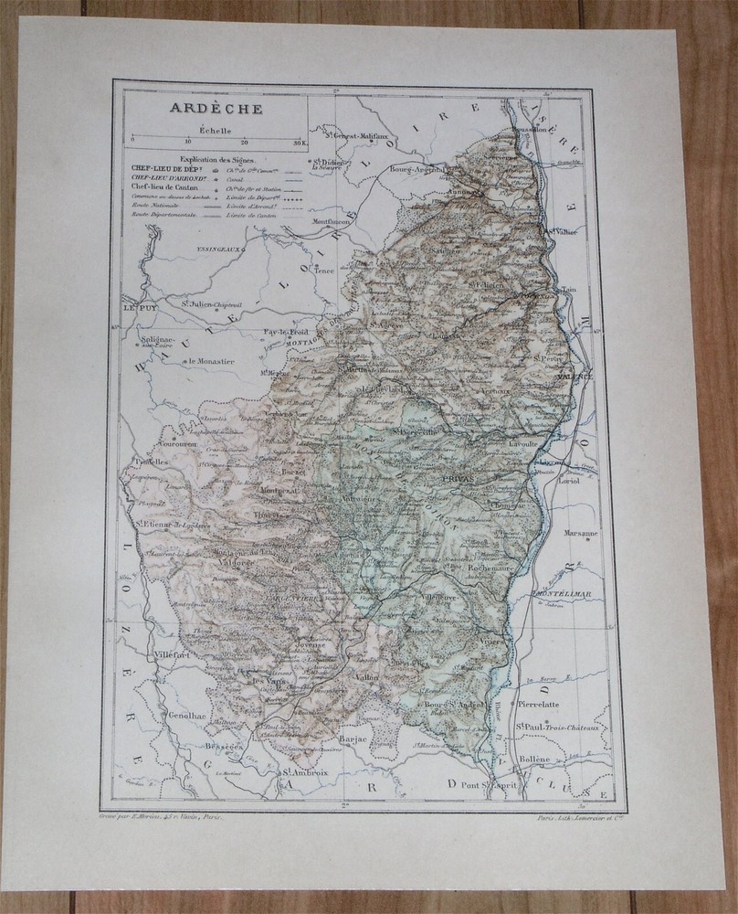 1887 Original Antique Map Of Department Of Ardeche Privas / France