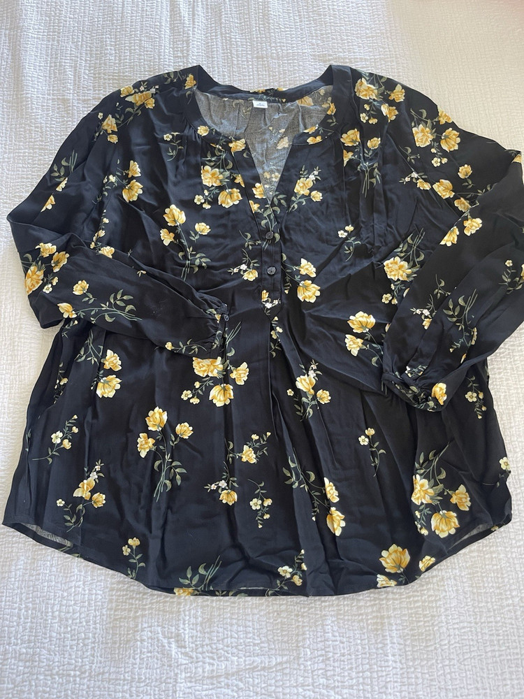 Old Navy Women's Floral V-Neck Button Long Sleeve Blouse Black Yellow XL