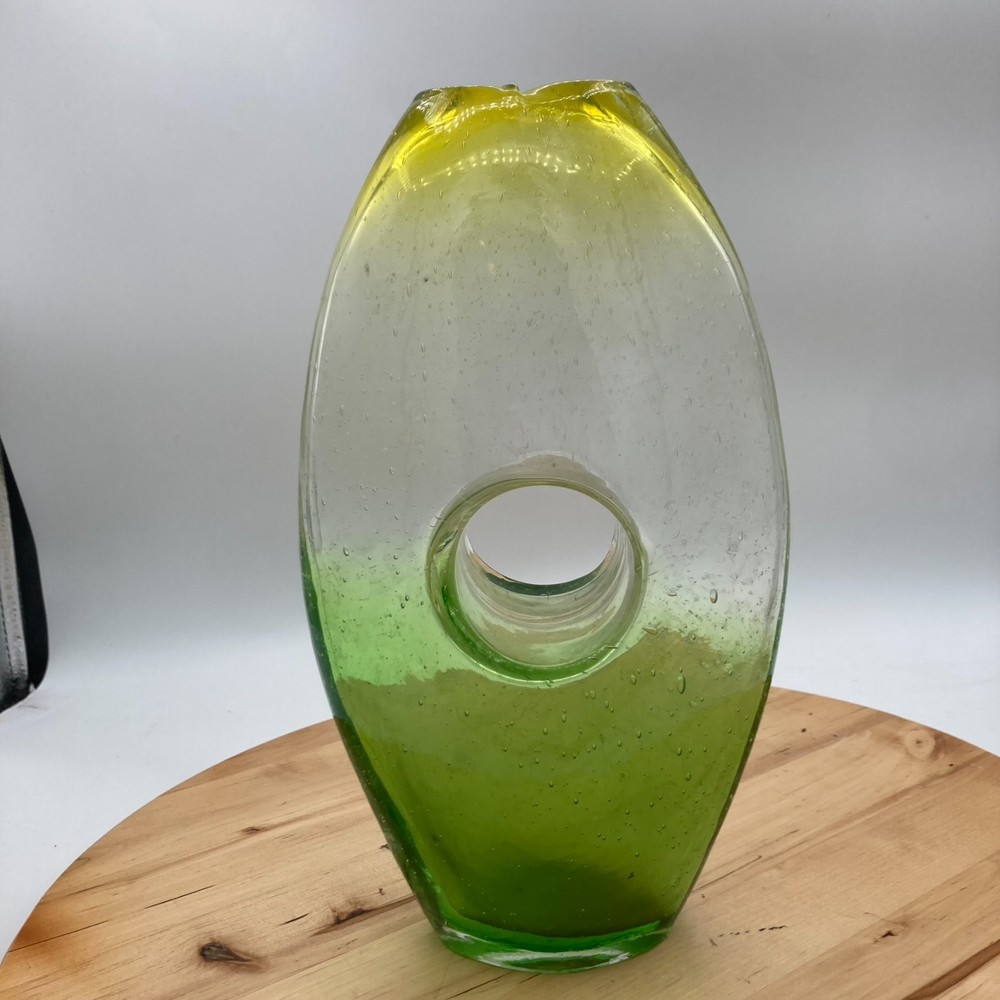 Margie’s Garden Hand Blown Glass Vase Hombre Yellow Green Donut Hole Ikebana