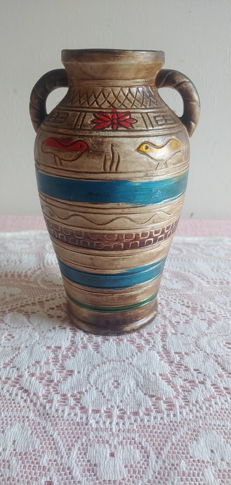 Vintage Vase Arrow Jersey City Pottery Handles Birds Brown Japan 8