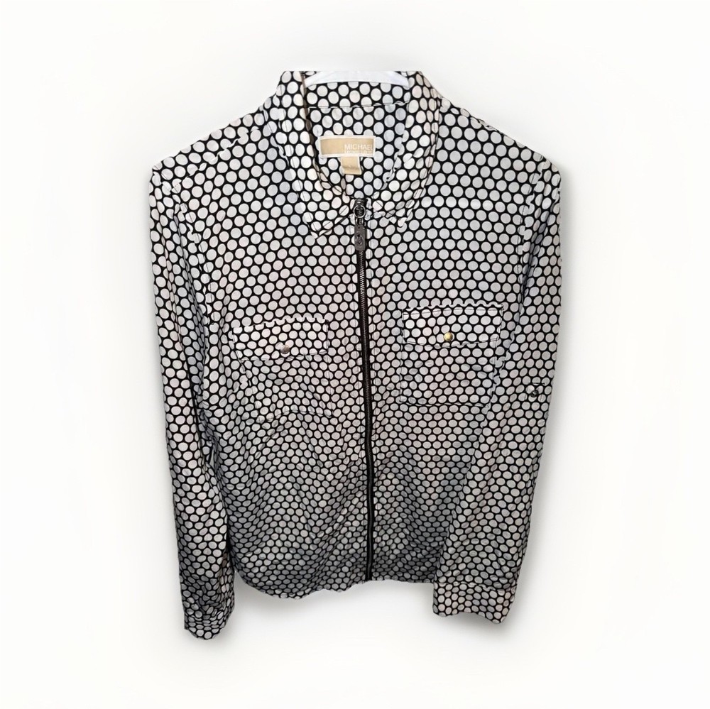 MICHAEL Michael Kors Polka Dot Zip Front Blouse Black White L Long Sleeve