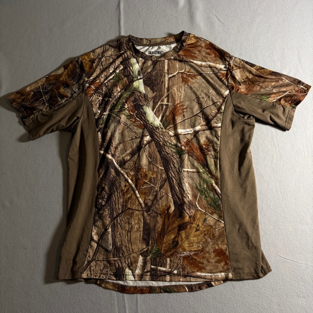 Realtree Mens Camo Performance T-Shirt Large Brown AP Camouflage Short Sleeve
