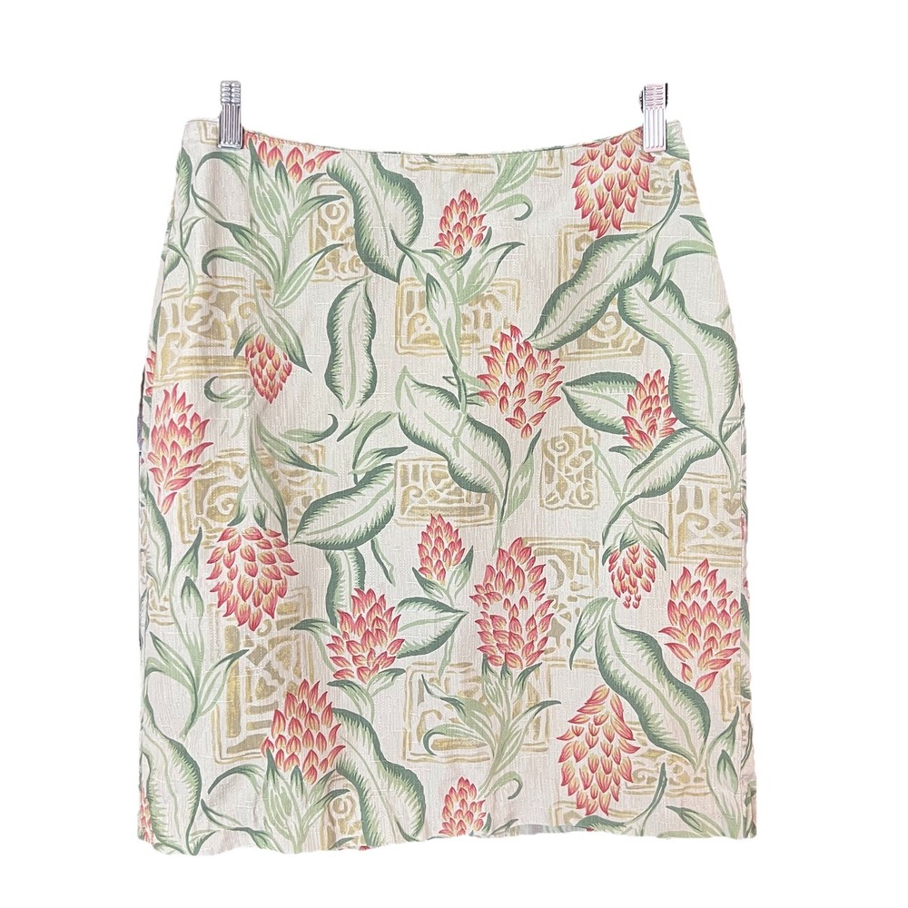 Tommy Bahama Skirt VTG 100% Silk Knee Length Green Floral Lined 10