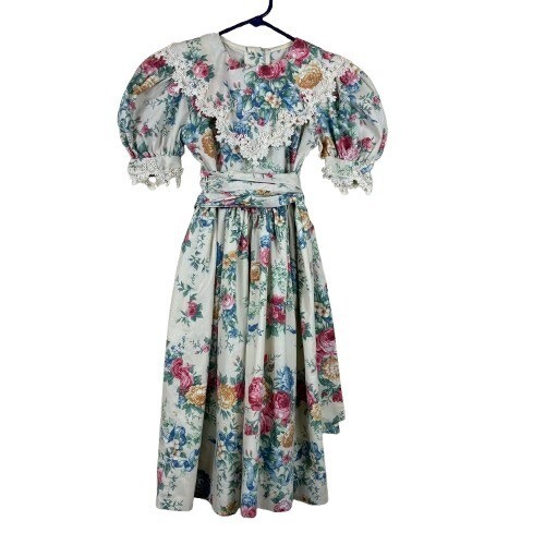 RARE VTG 80s Susi Dee Cottagecore Floral Dress Lace Bib Puff Sleeve Prairie Sz 7