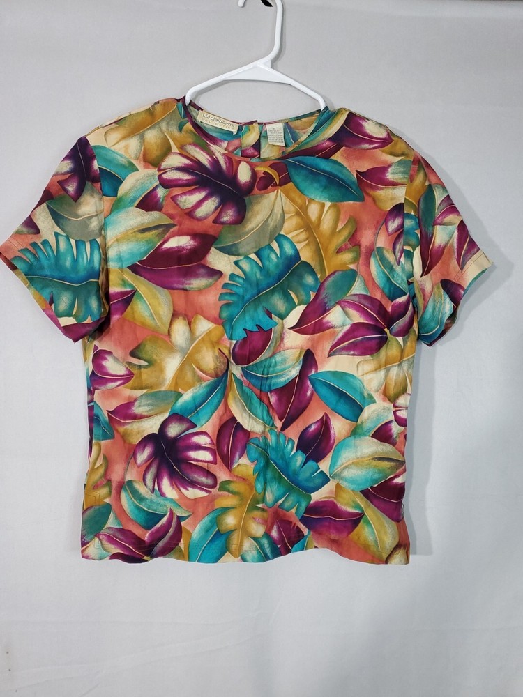 Vintage Liz Claiborne Blouse Women's Size 6 Floral Cropped 100% Silk Tropical