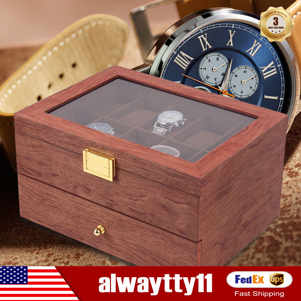 20-Slot Wooden Organizer Jewelry & Watches Display Case Storage Box with Drawer