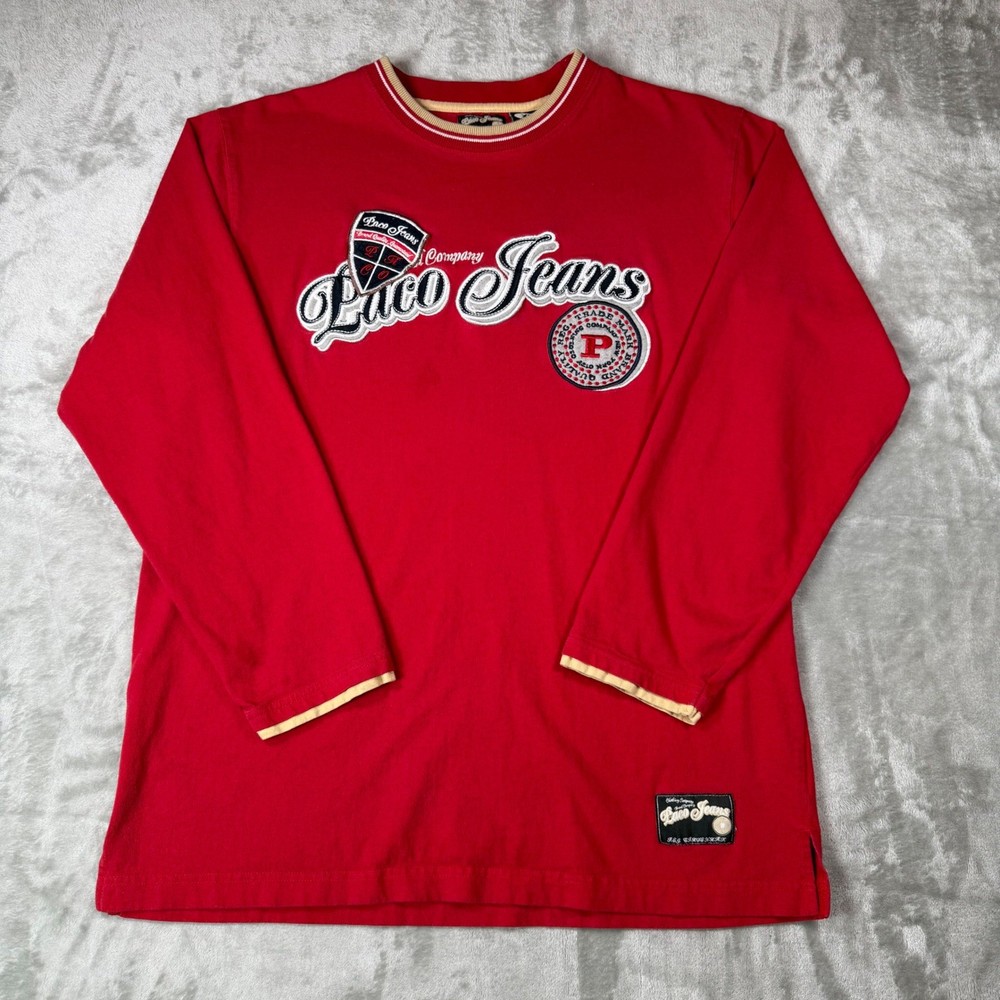 Vintage Paco Jeans Long Sleeve Shirt Red Y2K Spellout Logo Mens XL Streetwear