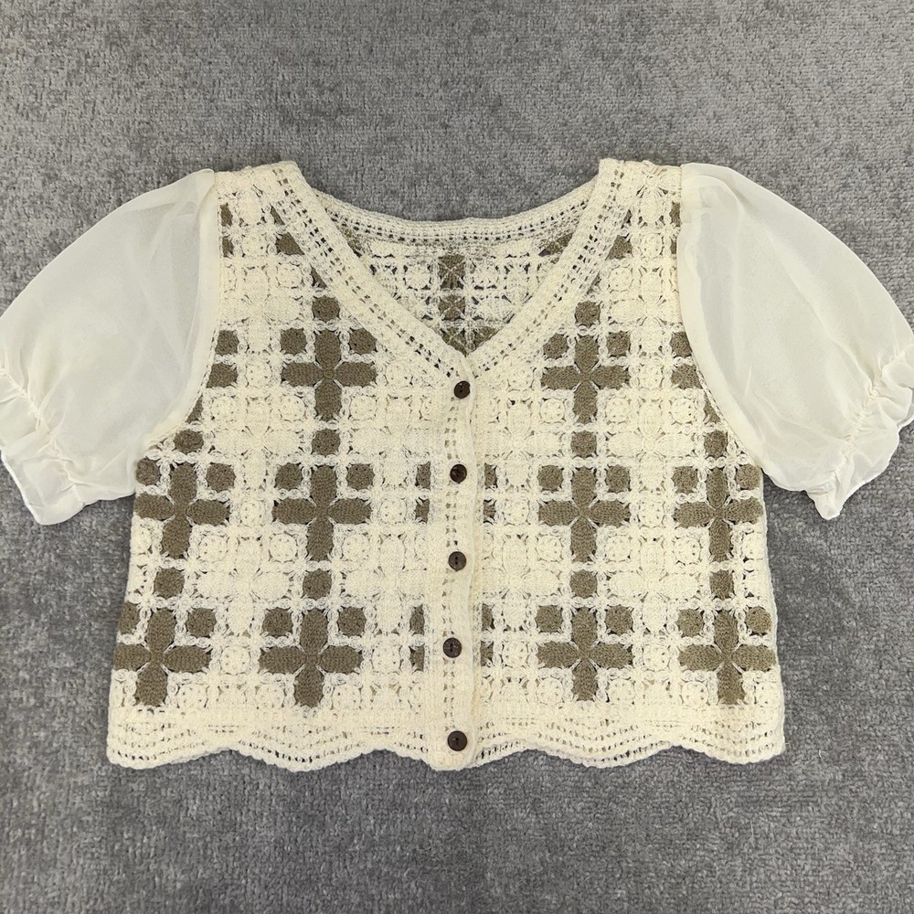 WOMEN’S Crochet Cardigan Sweater V-Neck Crop Puff-Sleeve Size Medium Cottagecore