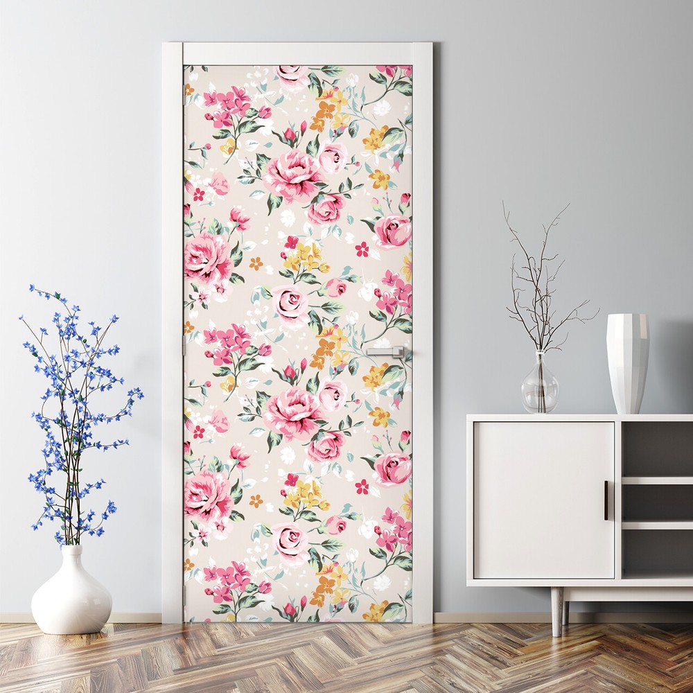 Vintage Floral Bubble-Free Door Sticker Roses and Small Flowers Pattern