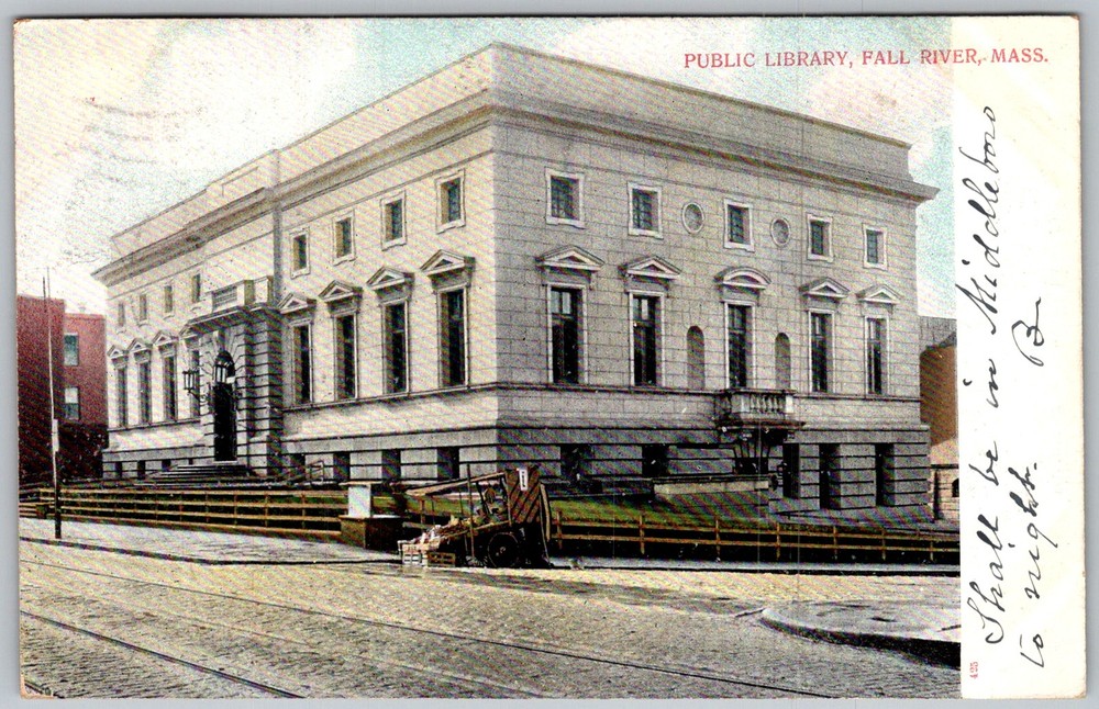 Antique Postcard Public Library Building Entrance Fall River, MA 1900s