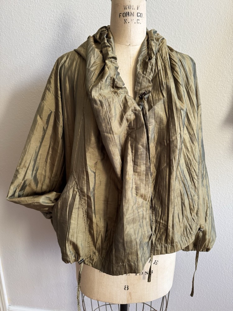 Jacques Ruc sz 3 Med Olive Green Crinkle Hooded Windbreaker Jacket EUC