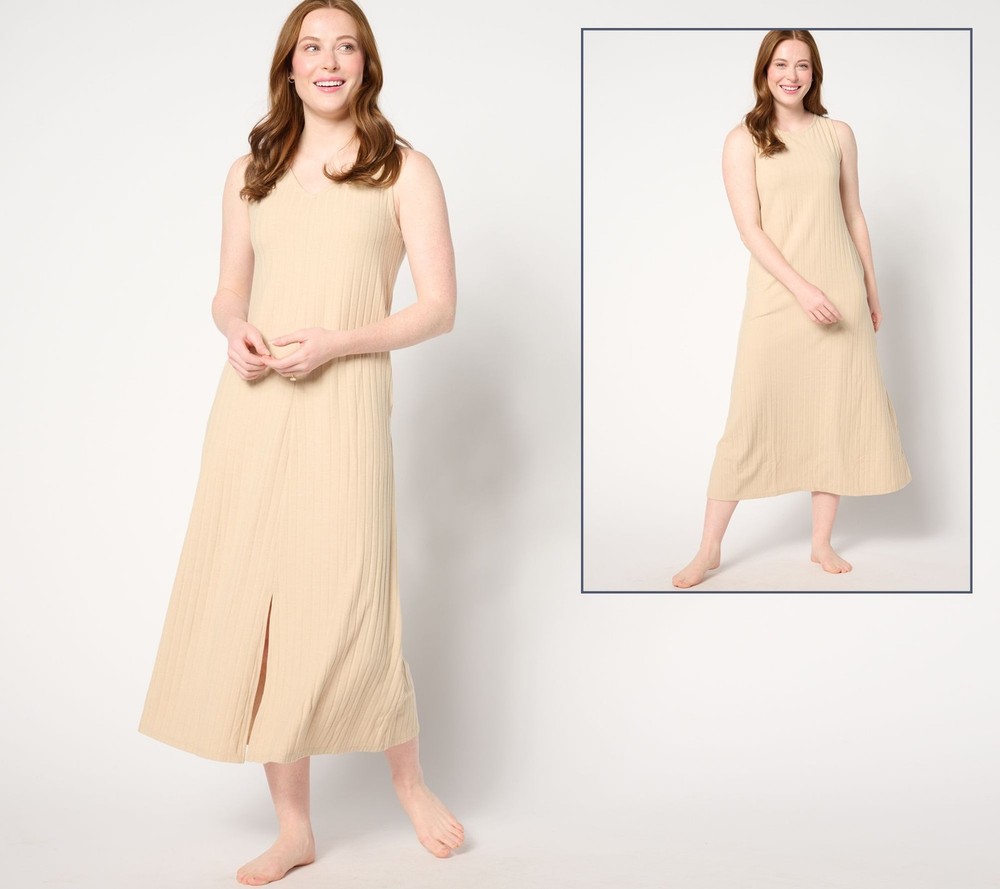 Cuddl Duds Women's Plus Sz Dress 1X Wide Rib -Way Round to V-Neck White A637436