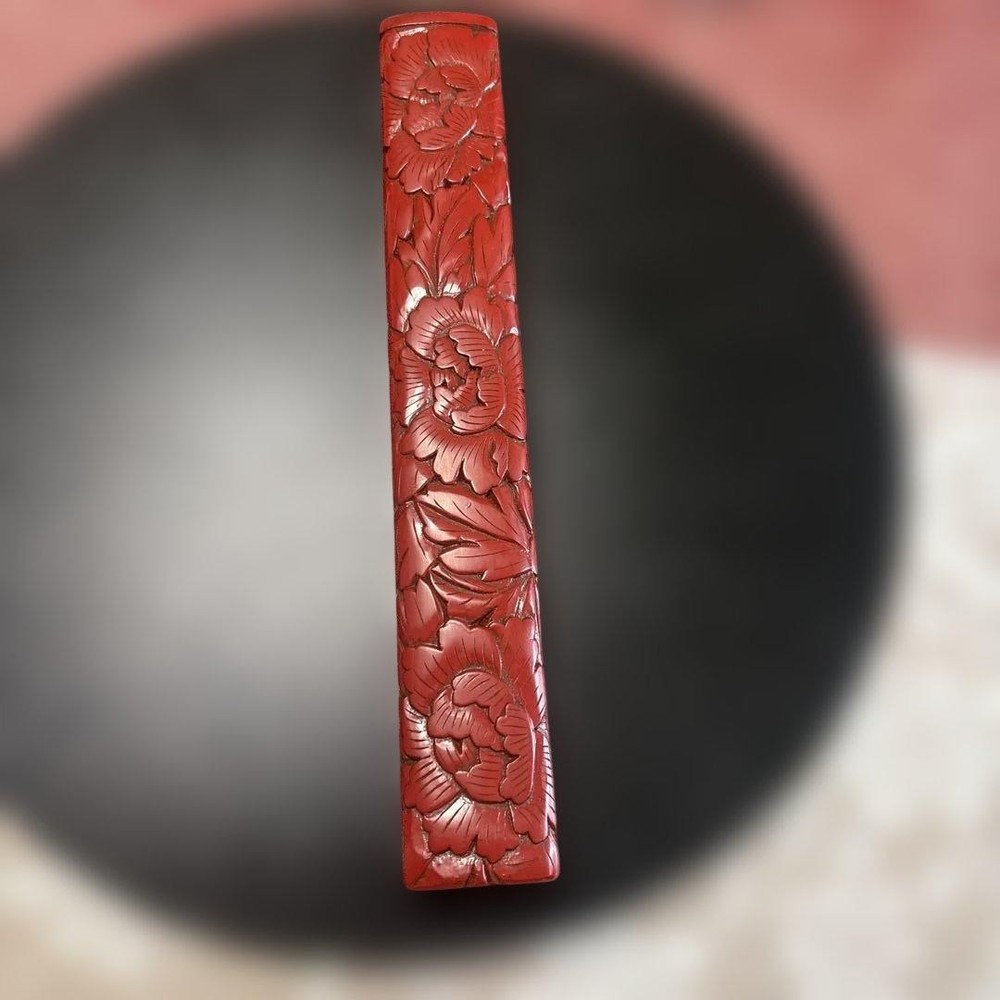 Red Lacquer Wood Carving Tsuishu Chopstick Box with Floral Decor