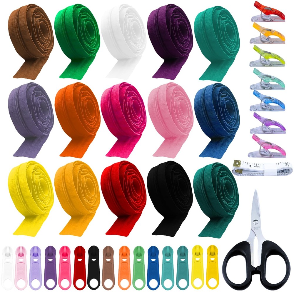 Bulk Sewing Supplies Kit: 45Yd #3 Nylon Coil Zippers (15 Colors) with 90 Meta...