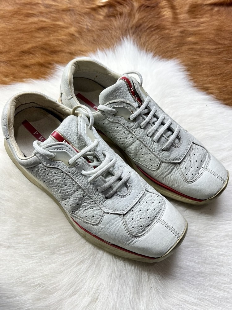 Vintage 2000s Prada Sport White Leather Sneakers with Red Stripe Size 38 Italy