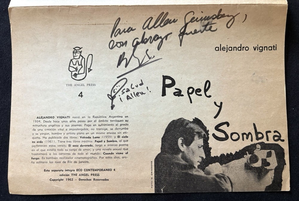 Argentine Poet ALEJANDRO VIGNATI Signed Allen Ginsberg Broadside Poetry 1962