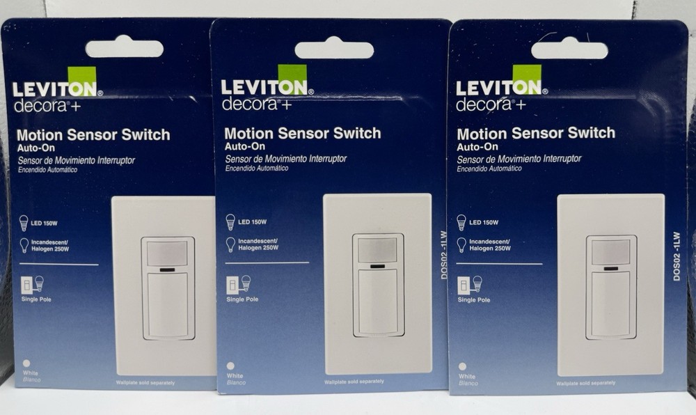 Leviton Decora Motion Sensor Light Switch DOS02-1LW Auto On White Lot of 3