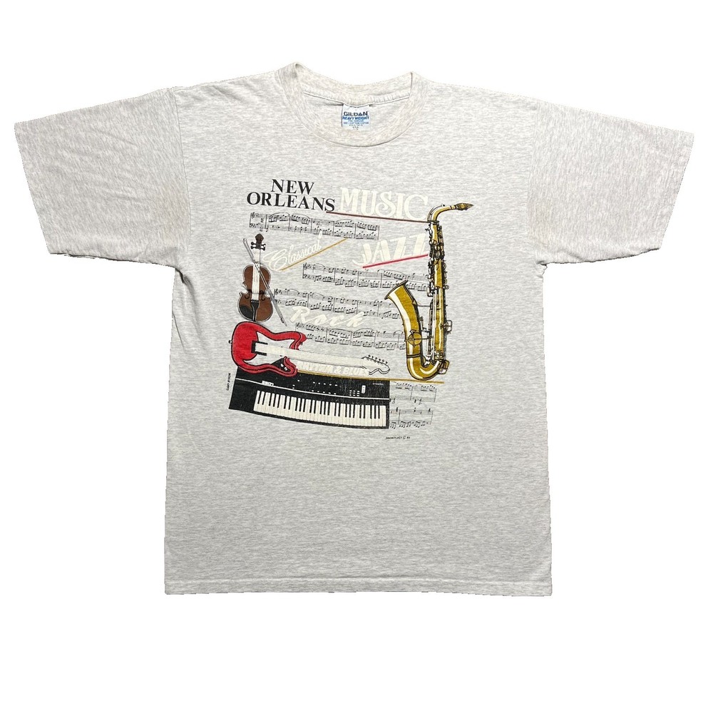 Vintage 90s New Orleans Jazz T Shirt Gray Single Stitch Puffy Graphic Mens Large