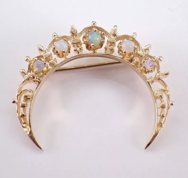 1.50Ct Round Lab-Created Fire Opal Women Moon Brooch Pin 14K Yellow Gold Plated