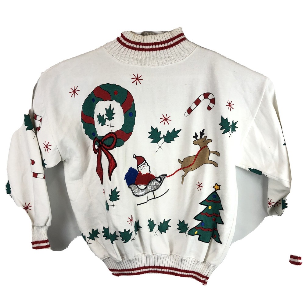 Vintage Sports Accent Christmas Sweater M Santa Reindeer Sweatshirt-image